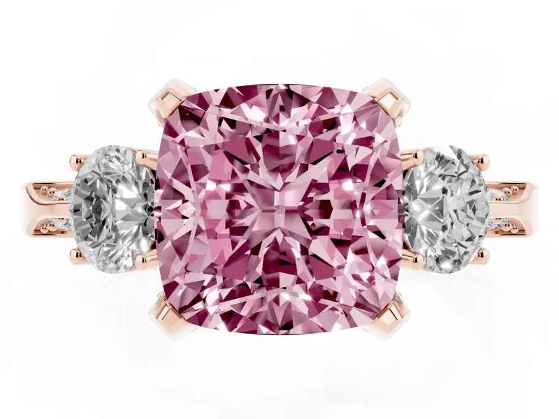 Cushion Cut Hidden Halo Three Stone Engagement Ring Setting for a Fancy Pink Lab-Grown Diamond | Rose Gold