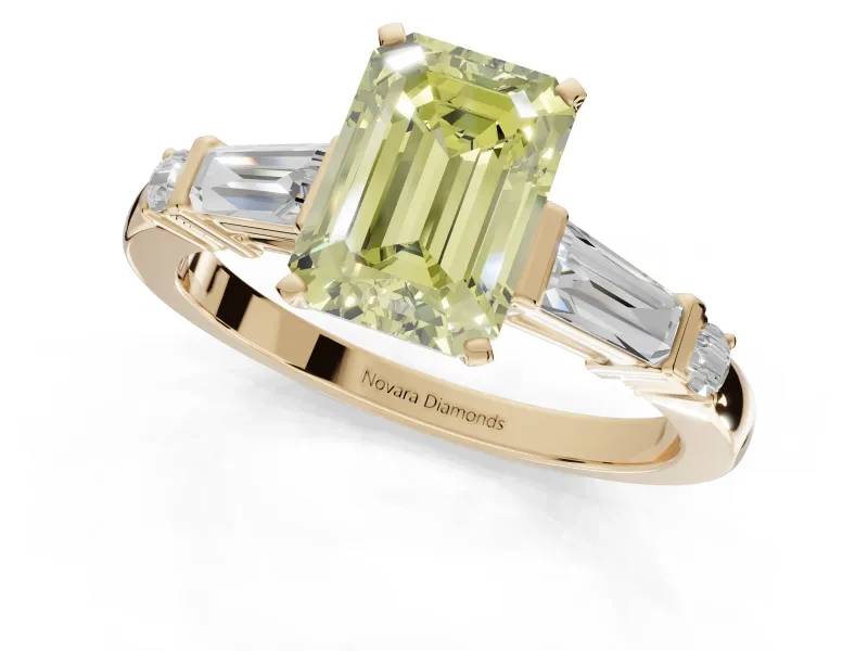 Emerald Cut Tapered Baguette Engagement Ring Setting for a Fancy Yellow Lab-Grown Diamond | Bar Set Sides | Yellow Gold
