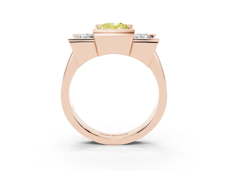 Fancy Yellow Oval Cut Diamond Three-Stone Channel Set Ring Set in Rose gold with Smooth Polished Band