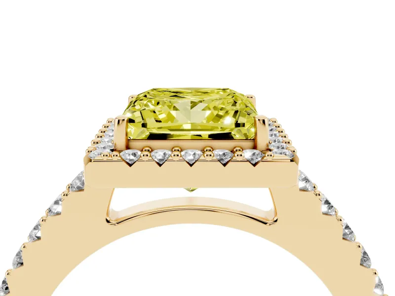 Fancy Yellow Princess Cut Diamond Halo Pavé Solitaire Ring Set in Yellow gold with Prong-Set Center Stone