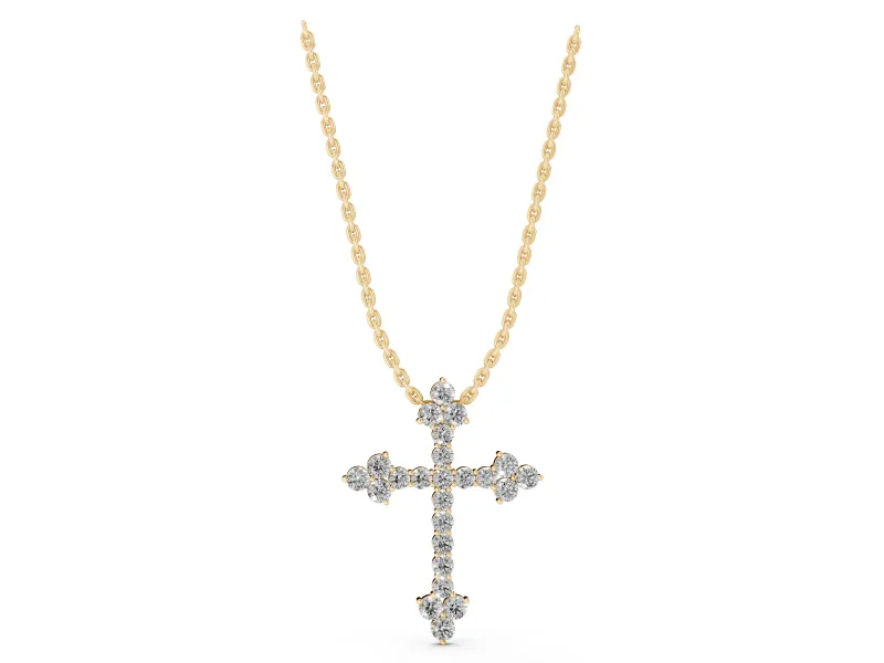 Round Lab-Grown Diamond Cross Pendant Necklace | Trefoil Tips | Yellow Gold