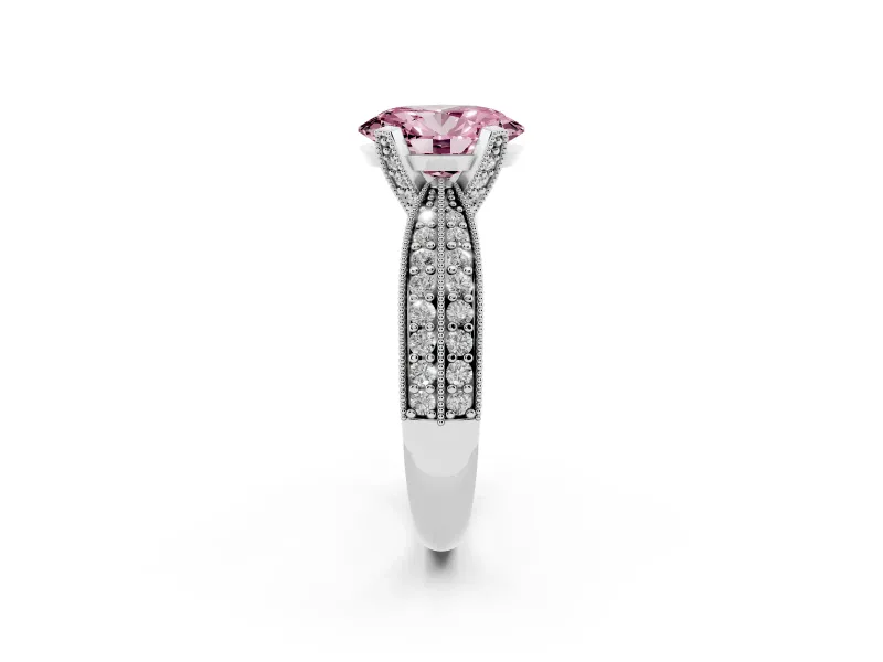 Fancy Pink Oval Cut Diamond Solitaire Ring Set in Silver with Milgrain Double Row Round Pavé Band