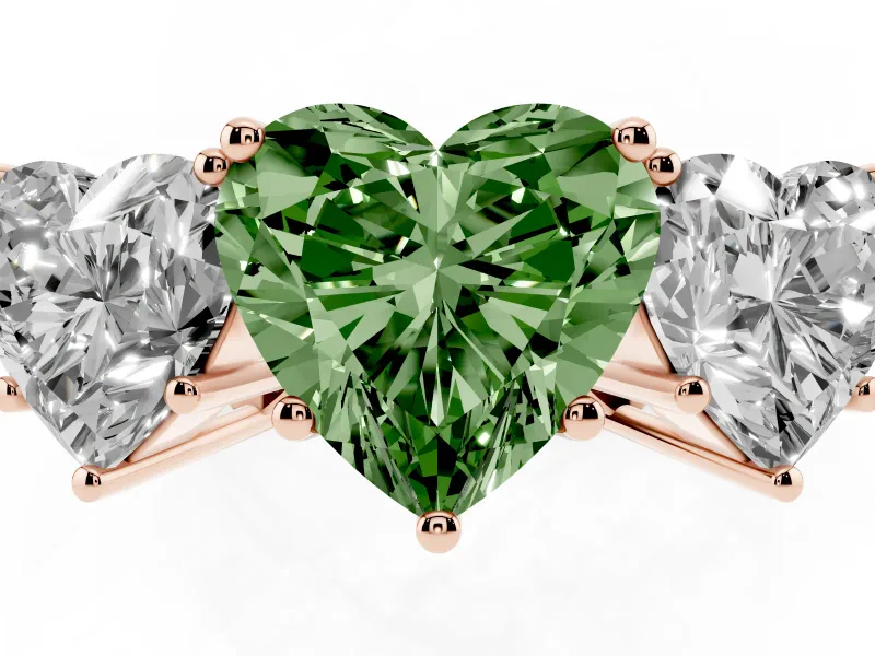 Heart-Shaped Three Stone Engagement Ring Setting for a Fancy Green Lab-Grown Diamond | Beaded Shoulders | Rose Gold
