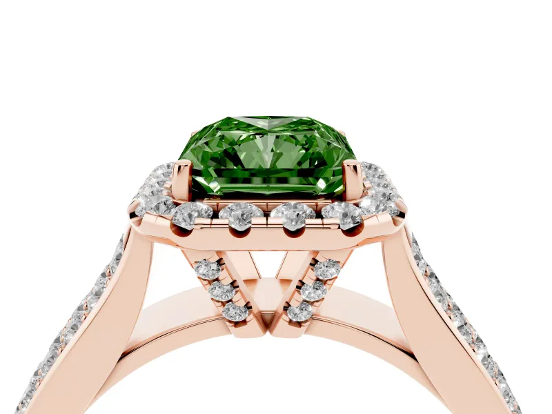 Radiant Cut Pavé Engagement Ring Setting for a Fancy Green Lab-Grown Diamond | Wide Three-Row Band | Rose Gold