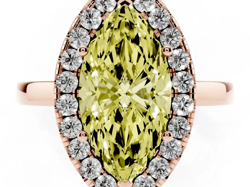 Fancy Yellow Marquise Cut Diamond Halo Solitaire Ring Set in Rose gold with Pavé Band and Prong Setting