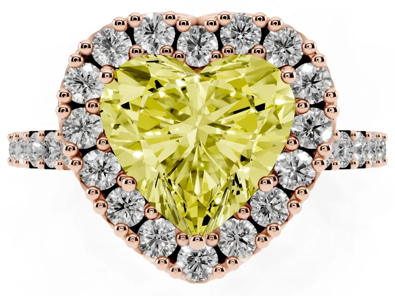 Fancy Yellow Heart Cut Diamond Halo Pavé Solitaire Ring Set in Rose gold with Prong-Set Center Stone