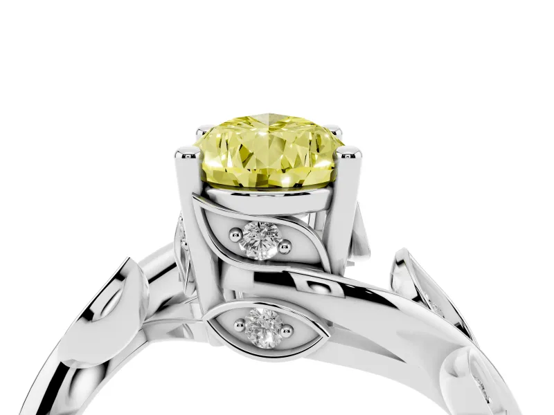 Fancy Yellow Pear Cut Diamond Solitaire Twist Engagement Ring Set in Silver with Pavé Leaf Accents