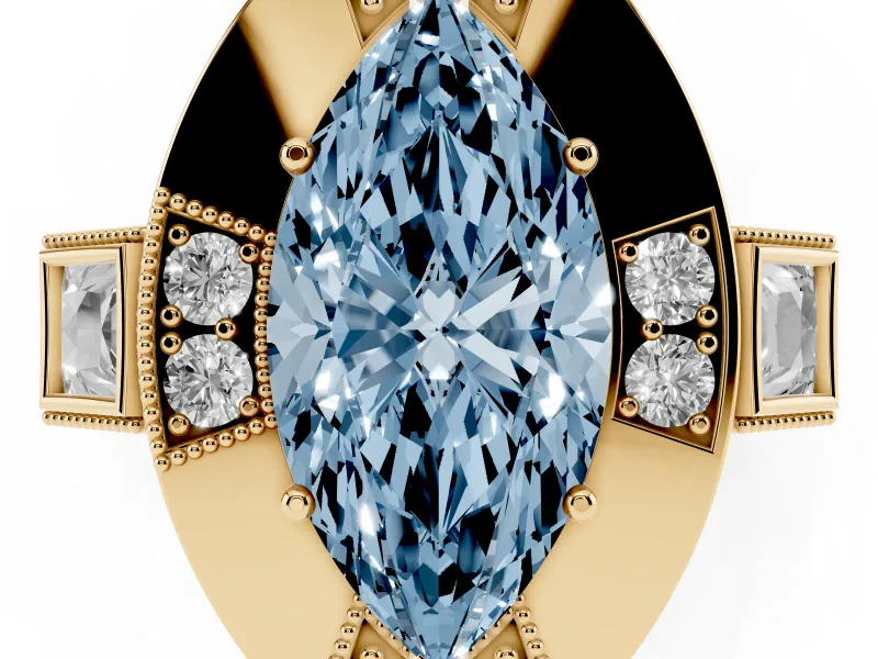 Fancy Blue Marquise Cut Diamond Milgrain Halo Ring Set in Yellow gold with Split Shank