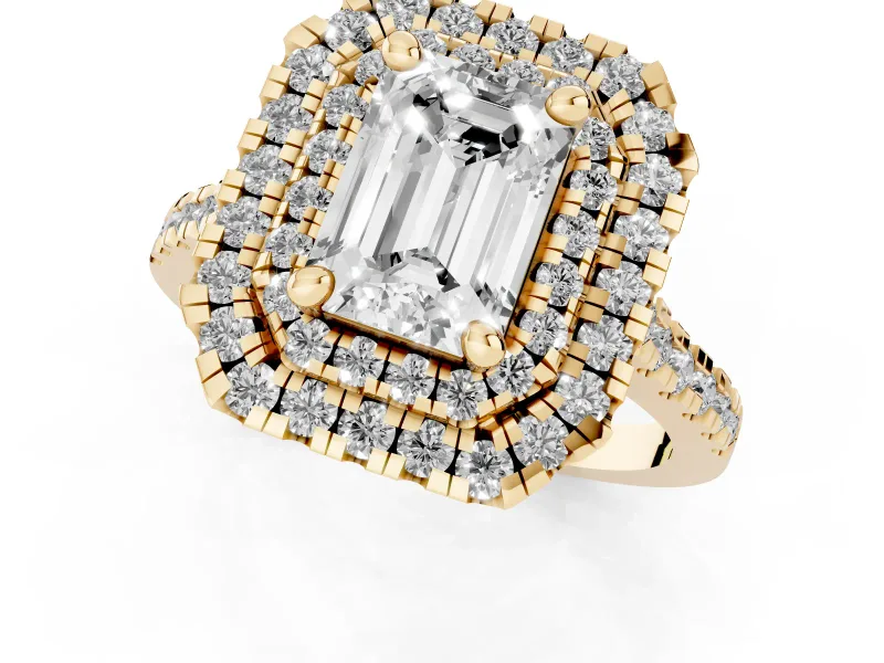 Emerald Cut Diamond Double Halo Statement Ring Set in Yellow gold with Pavé Band