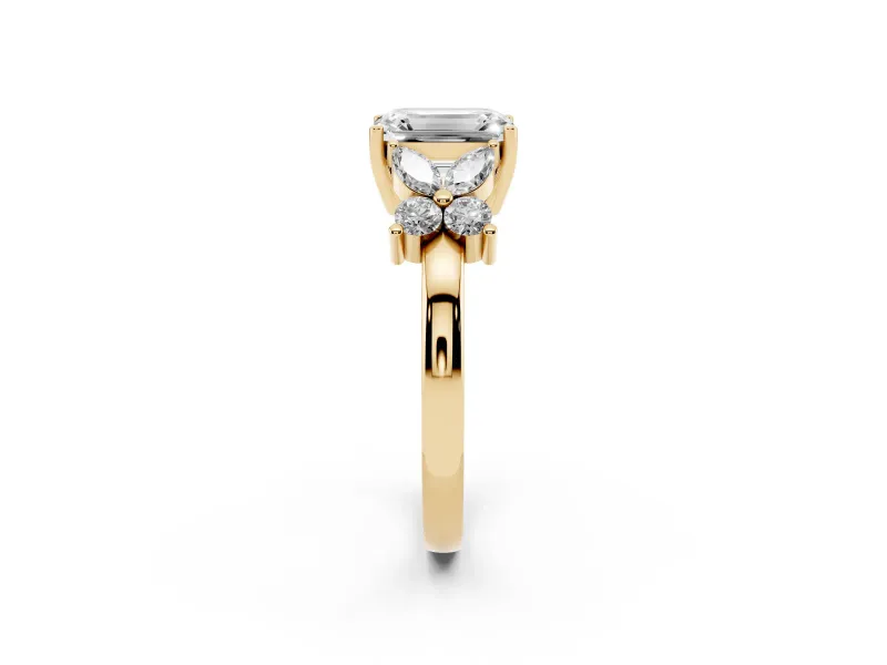 Emerald Cut Diamond Floral Cluster Ring Set in Yellow gold with Marquise Petals and Prong Setting