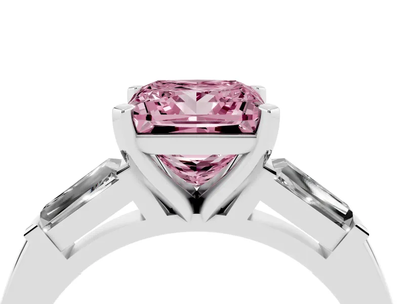 Fancy Pink Princess Cut Diamond Solitaire Ring Set in White gold with Tapered Baguette Side Stones and Prong Setting