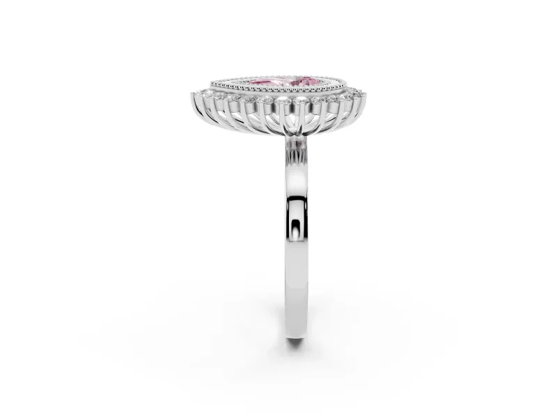 Fancy Pink Pear Cut Diamond Halo Ring Set in Silver with Milgrain Edge and Round Prong Setting
