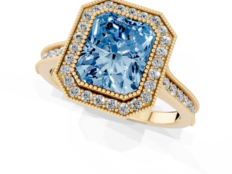 Radiant Cut Vintage Milgrain Halo Engagement Ring Setting for a Fancy Blue Lab-Grown Diamond | Bezel Head | Yellow Gold