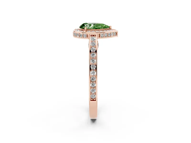 Fancy Green Pear Cut Diamond Halo Pavé Split Shank Ring Set in Rose gold with Prong Setting