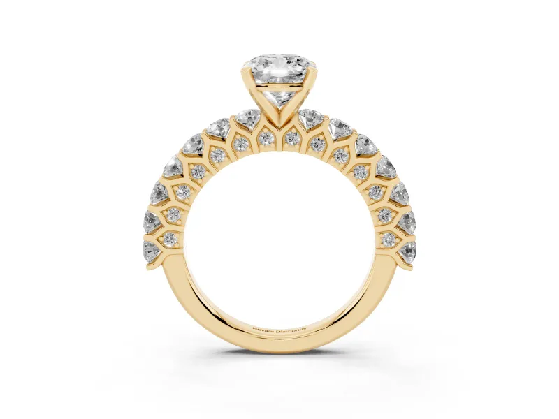 Cushion Cut Shared Prong Engagement Ring Setting | Two-Row Band | Yellow Gold
