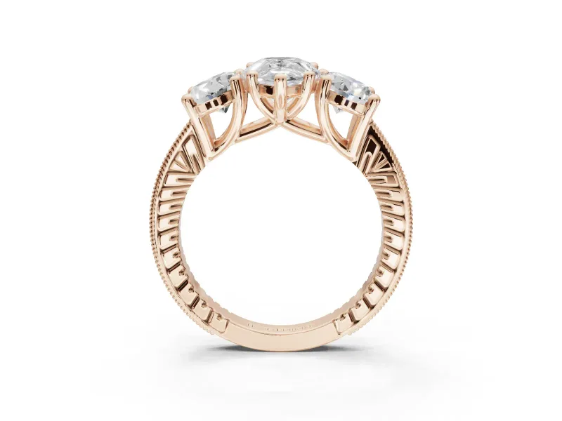 Pear-Shaped Vintage Three Stone Engagement Ring Setting | Graduated Pavé | Rose Gold