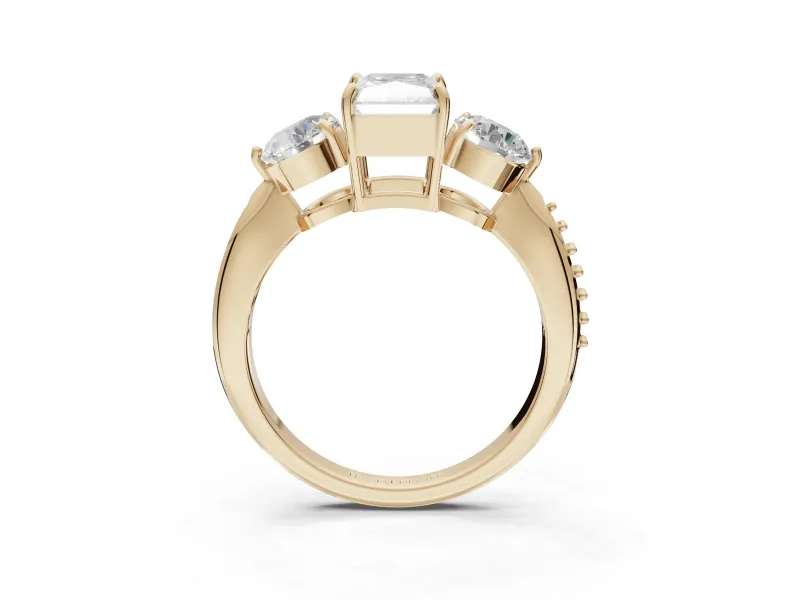 Radiant Cut Three Stone Engagement Ring Setting | Tapered Pave Band | Yellow Gold