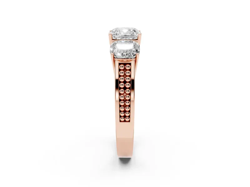 Cushion Cut Three Stone Engagement Ring Setting | Beaded Shoulders | Rose Gold
