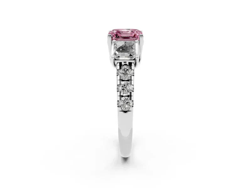 Asscher Cut Three Stone Engagement Ring Setting for a Fancy Pink Lab-Grown Diamond | Accented Shoulders | Platinum