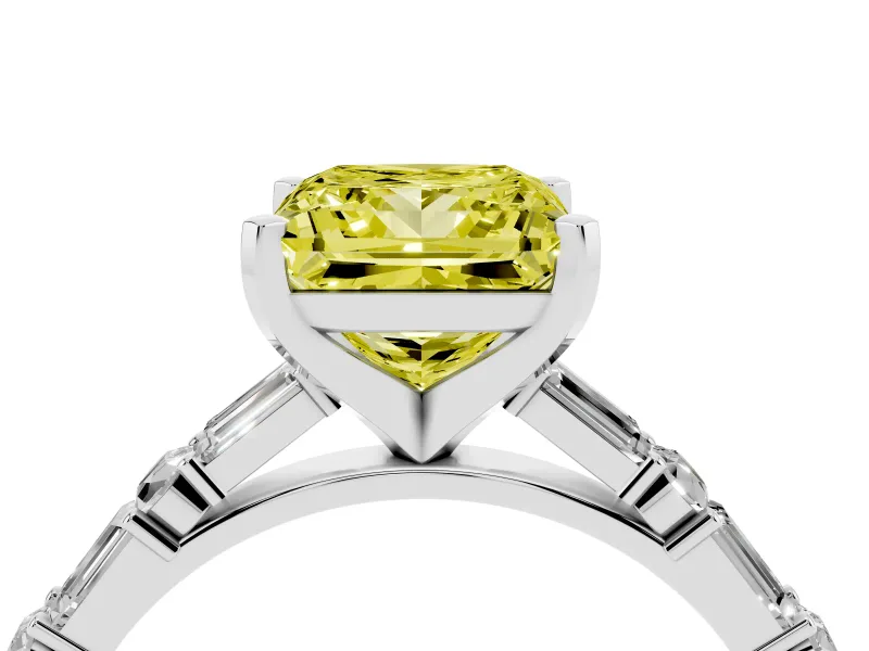 Fancy Yellow Princess Cut Diamond Solitaire Set in Platinum with Side Baguettes and Channel Set Band