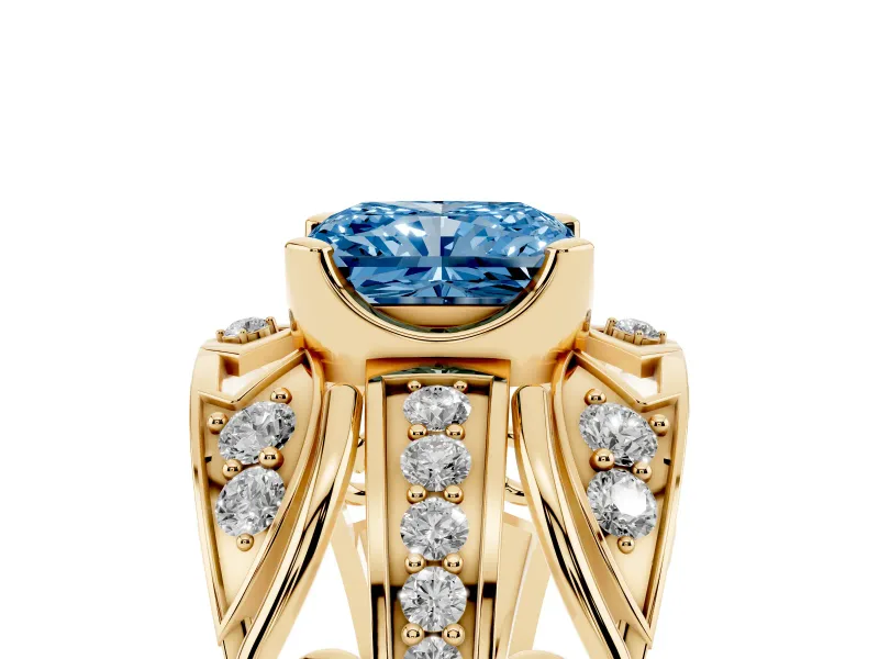 Radiant Cut Art Deco Engagement Ring Setting for a Fancy Blue Lab-Grown Diamond | Yellow Gold