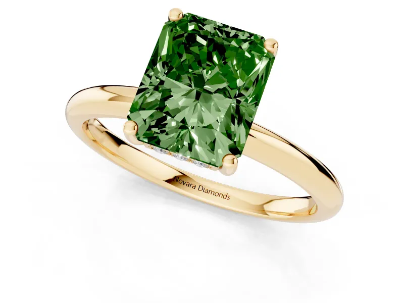 Fancy Green Radiant Cut Diamond Solitaire Engagement Ring Set in Yellow gold with Prong Setting and Polished Band