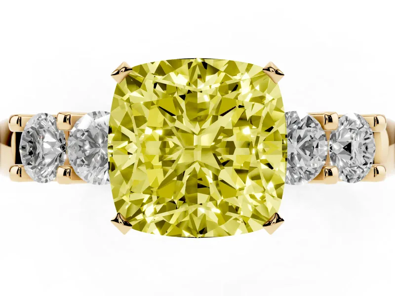 Fancy Yellow Cushion Cut Diamond Five-Stone Prong Set Engagement Ring Set in Yellow gold with Channel Band