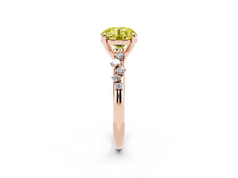 Fancy Yellow Round Cut Diamond Solitaire Vine Band Ring Set in Rose gold with Round Accents and Prong Setting