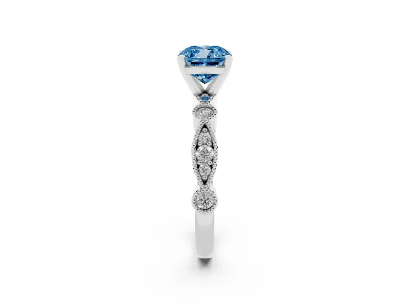 Fancy Blue Cushion Cut Diamond Solitaire Engagement Ring Set in White gold with Milgrain Bezel Accent Band