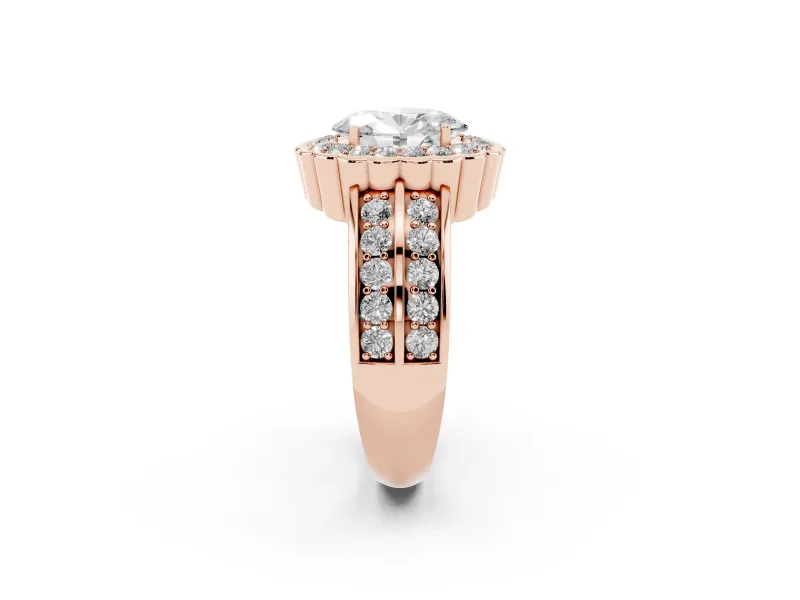 Oval Cut Diamond Scalloped Halo Ring Set in Rose gold with Pavé Split Shank