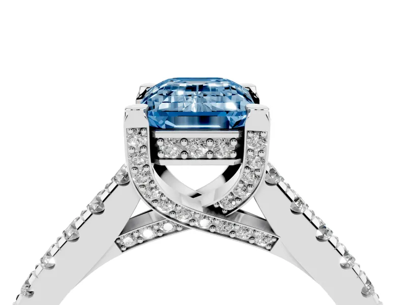 Emerald Cut Hidden Halo Pave Engagement Ring Setting for a Fancy Blue Lab-Grown Diamond | Claw Prongs | Platinum