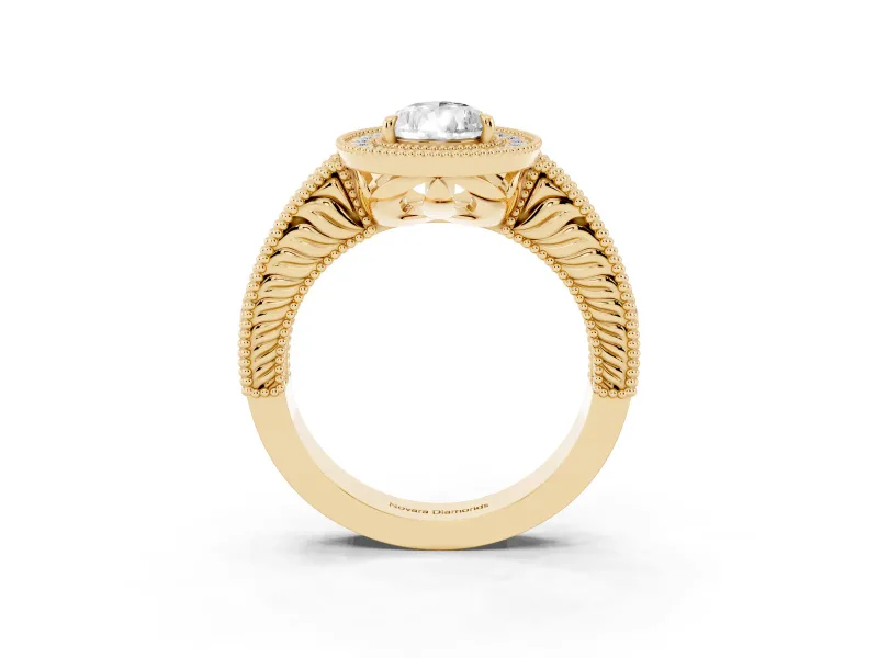 Pear Cut Diamond Halo Ring Set in Yellow gold with Round Accent Halo, Pavé Band and Prong Setting