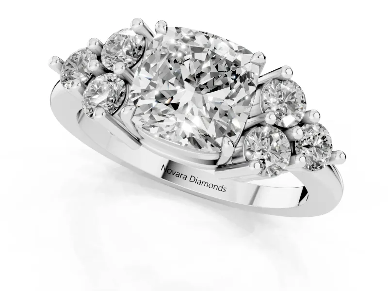 Cushion Cut Cluster Side Stone Engagement Ring Setting | Plain Band | Sterling Silver