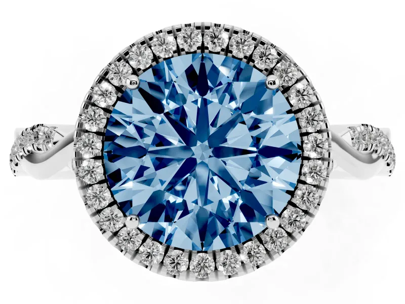 Round Halo Engagement Ring Setting for a Fancy Blue Lab-Grown Diamond | Pavé Twist Band | White Gold