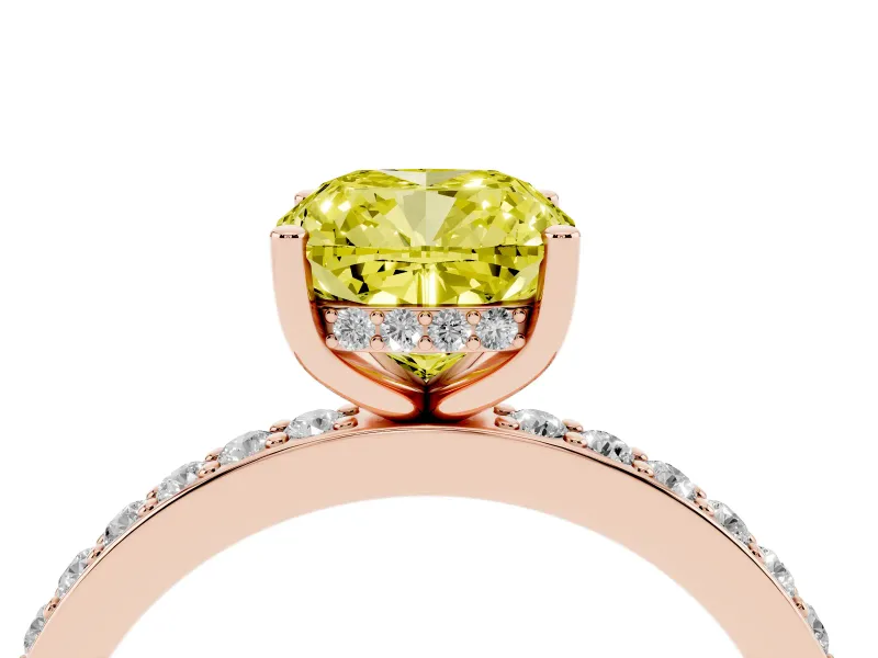 Fancy Yellow Cushion Cut Diamond Pavé Band Ring Set in Rose gold with Prong-Set Center Stone