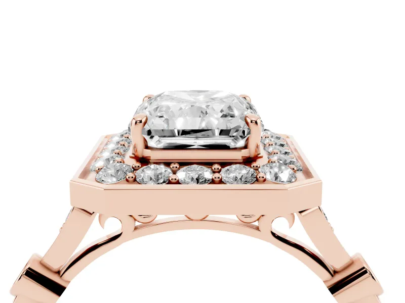Radiant Cut Vintage Halo Engagement Ring Setting | Bezel Station Shoulders | Rose Gold