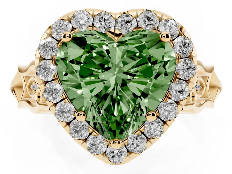 Fancy Green Heart Cut Diamond Halo Engagement Ring Set in Yellow gold with Filigree Band and Prong-Set Center