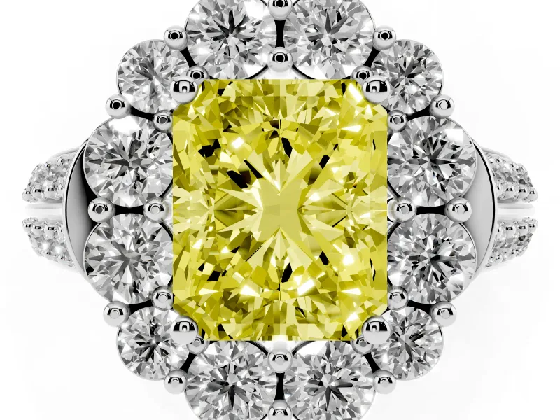 Fancy Yellow Radiant Cut Diamond Halo Engagement Ring Set in Platinum with Split Shank and Prong Setting