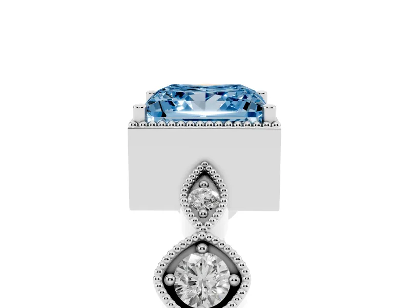Fancy Blue Princess Cut Diamond Vintage-Inspired Milgrain Ring Set in Silver with Marquise Stations of Round Accents