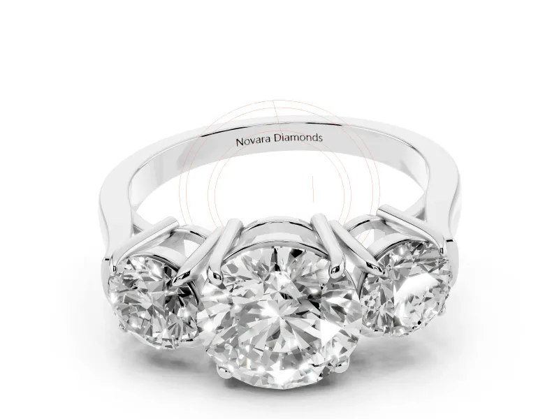 Round Cut Diamond Three-Stone Ring Set in Silver with Round Accent Stones and Plain Band