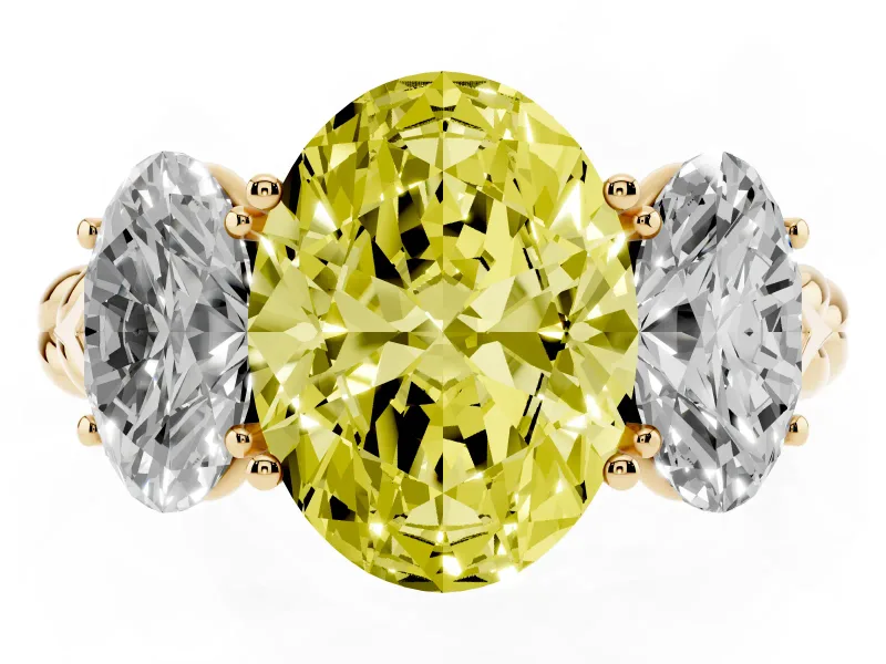 Oval Three Stone Engagement Ring Setting for a Fancy Yellow Lab-Grown Diamond | Braided Band | Yellow Gold