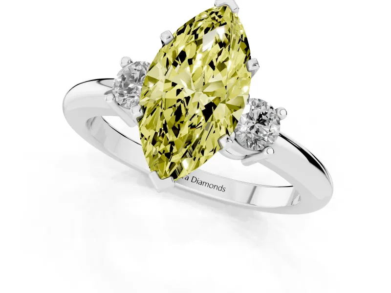 Fancy Yellow Three-Stone Marquise Cut Diamond Ring Set in Silver with Prong Setting and Plain Band