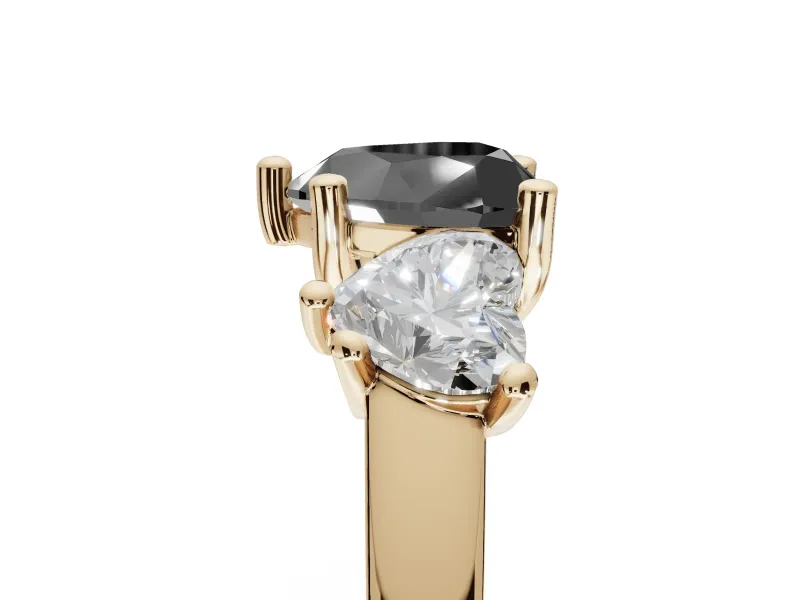 Heart-Shaped Three Stone Engagement Ring Setting for a Black Center | Tapered Band | Yellow Gold