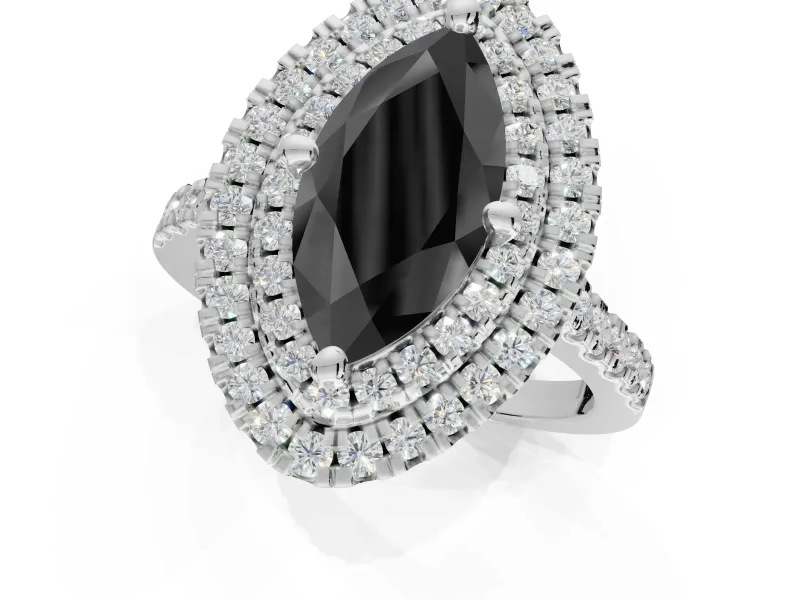 Fancy Black Marquise Lab-Grown Diamond Double Halo Statement Ring Set in Platinum with Pavé Band