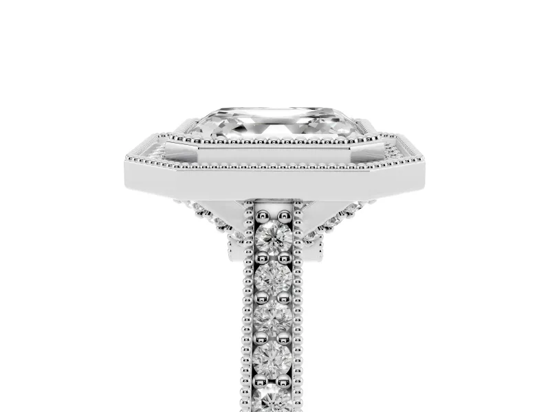 Asscher Cut Vintage Milgrain Halo Engagement Ring Setting | Bezel Head | White Gold