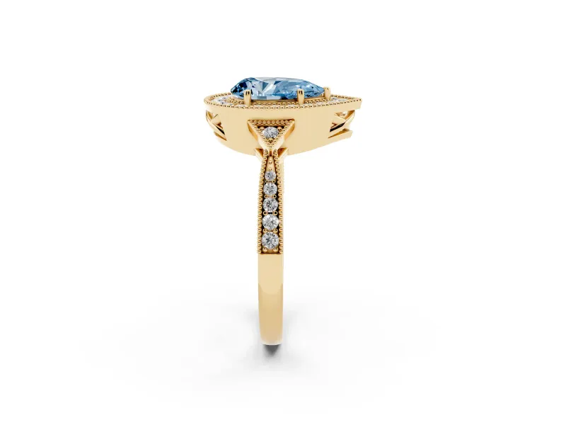 Pear-Shaped Milgrain Halo Engagement Ring Setting for a Fancy Blue Lab-Grown Diamond | Graduated Pavé | Yellow Gold