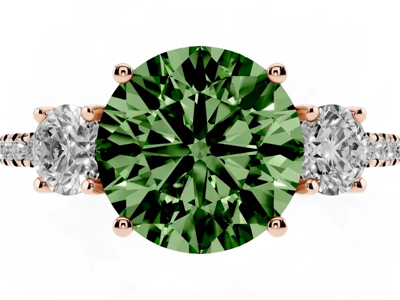 Fancy Green Round Cut Diamond Three-Stone Ring Set in Rose gold with Pavé Band and Graduated Sides