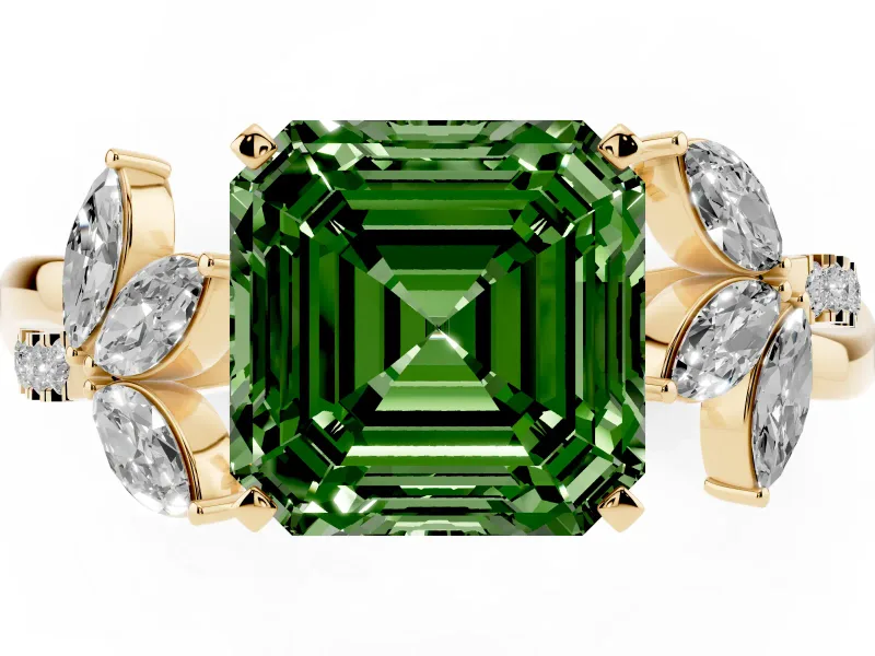 Fancy Green Asscher Cut Diamond Floral Vine Solitaire Engagement Ring Set in Yellow gold with Marquise Leaves