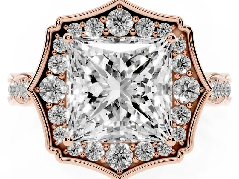 Princess Cut Vintage Scalloped Halo Engagement Ring Setting | Pave Band | Rose Gold