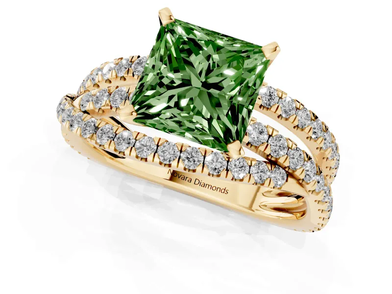 Princess Cut Twisted Pavé Engagement Ring Setting for a Fancy Green Lab-Grown Diamond | Yellow Gold
